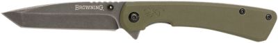 Browning 3 in. Branded Rock EDC Tanto Folding Knife, Plain Black Stonewashed 7Cr17MoV SS Blade, OD Green G10 Handle