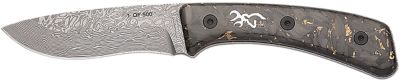 Browning 3.5 in. Rock Drop Point Fixed Blade Knife, Plain Acid Etch Damascus Blade, Carbon Fiber Handle