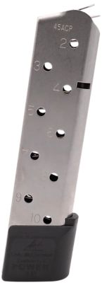 Chip McCormick Custom Power Mag 10 Round 45 ACP Magazine for 1911 Government, Stainless Steel w/ Black Base Pad