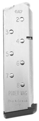 Chip McCormick Custom Power Mag 8 Round 45 ACP Magazine for 1911 Government, Stainless Steel w/ Black Base Pad