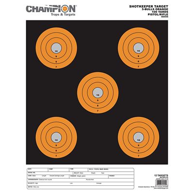 Champion Targets Shotkeeper Bullseye Large Paper Pistol/Rifle Targets, 100 yd., 5 in., Black/Orange, 12-Pack