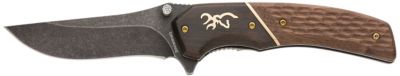Browning 3.5 in. Hunter Large Drop Point Folding Knife, Black Oxide Stonewashed 440C Blade, Jigged Hardwood Walnut Handle