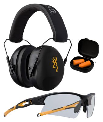 Browning Over-the-Head Earmuffs, Foam Earplugs and Eyewear Range Kit, 63 dB Noise Reduction Rating, Orange/Black, 1 Pair