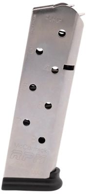 Chip McCormick Custom Power Mag Railed 8 Round 45 ACP Magazine for 1911 Government, Stainless Steel w/ Black Base Pad