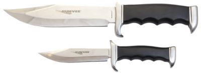 Humvee Accessories 2 pc. Bowie Spear Point Fixed Blade Knife Set, Plain Polished SS Blade, Black Pakawood Handle