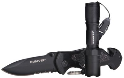 Humvee Accessories 3.25 in. Spear Point Folding Knife and Flashlight Combo, Part Serrated Blade, Aluminum Glass Breaker Handle