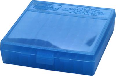 MTM 9mm/.380 Caliber Flip-Top Polypropylene Ammo Box, Holds 100 Rounds, Clear Blue