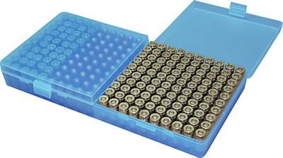 MTM 9mm Luger/.380 ACP Flip-Top Polypropylene Ammo Box, Holds 200 Rounds, Clear Blue