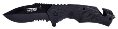 Humvee Accessories 3 in. Tactical Recon Drop Point Folding Knife with Glass Breaker, Part Serrated SS Blade, Textured Handle