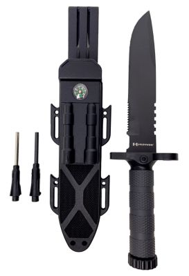 Humvee Accessories 7.5 in. Next-Gen Survival Knife Sawback Fixed Blade Knife with Sheath, Black SS Blade, Black Rubber Handle