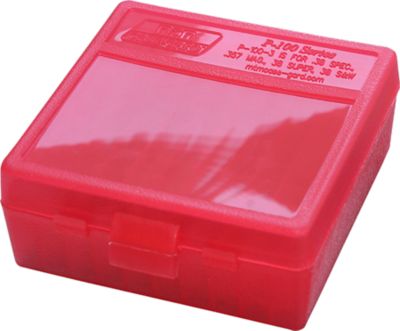 MTM .38/.357 Caliber Flip-Top Polypropylene Ammo Box, Holds 100 Rounds, Clear Red