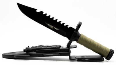 Humvee Accessories 7.5 in. Next-Gen Survival Knife Sawback Fixed Blade Knife with Sheath, Black SS Blade, OD Green Rubber Handle