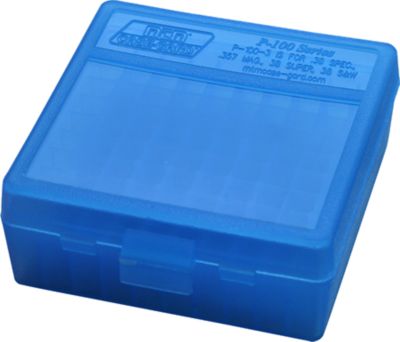 MTM .38/.357 Caliber Flip-Top Polypropylene Ammo Box, Holds 100 Rounds, Clear Blue