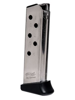 Walther Arms 6 Round 380 ACP Magazine for Walther PPK, Detachable w/Finger Rest, Nickel, Steel