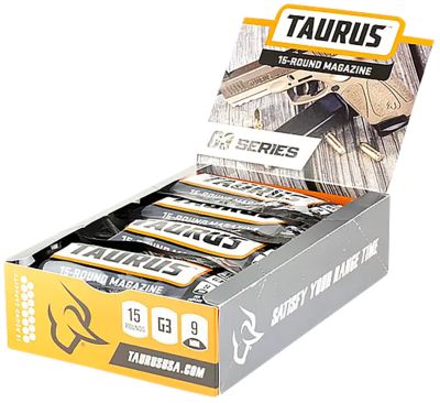Taurus 15 Round 9mm Luger Magazine Pop Display for Taurus G3, Black, Steel w/ Polymer Base Plate, 12-Pack