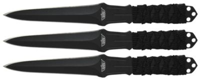 Uzi Accessories 3 in. Fixed Throwing Knives, Straight Back Plain Black SS Blades, Black Nylon Cord-Wrapped Handles