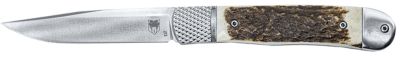 CobraTec Knives 3.12 in. Trapper Hidden Release Flip-Open Drop Point Folding Knife, Satin D2 Steel Blade, Stag Scales Handle