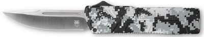 CobraTec Knives 3.25 in. OTF Lightweight Drop Point Knife with Pocket Clip, D2 Steel Blade, Winter Digi Camo Aluminum Handle