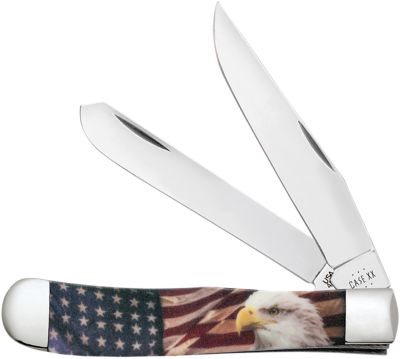 Case 3.25 in. Clip/3.27 in. Spey Patriot Trapper Folding Knife, RWB Mirror Polished Tru-Sharp SS Blade, Synthetic Handle