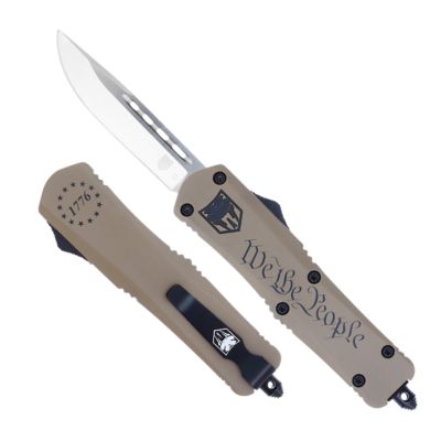 CobraTec Knives 3 in. Medium FS-3 We The People OTF Drop Point Knife, Plain D2 Steel Blade, Tan Aluminum Cerakote Handle