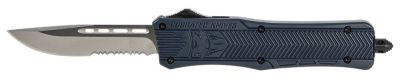 CobraTec Knives 3 in. Medium CTK-1 OTF Drop Point Knife, Part Serrated D2 Steel Blade, NYPD Blue Aluminum Handle