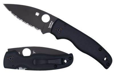 Spyderco 3.58 in. Shaman Folding Knife with Pocket Clip, Serrated Black DLC CPM S30V SS Blade, Black Textured G10 Handle