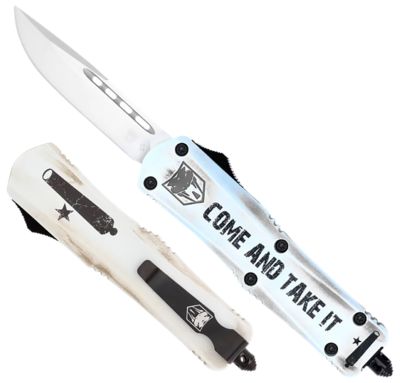 CobraTec Knives 3 in. Small FS-3 Come and Take It OTF Drop Point Knife, Plain D2 Steel Blade, White Aluminum Cerakote Handle