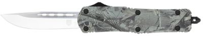CobraTec Knives 3 in. Medium FS-3 OTF Drop Point Knife, Plain D2 Steel Blade, Woodland Camo Aluminum Alloy Handle