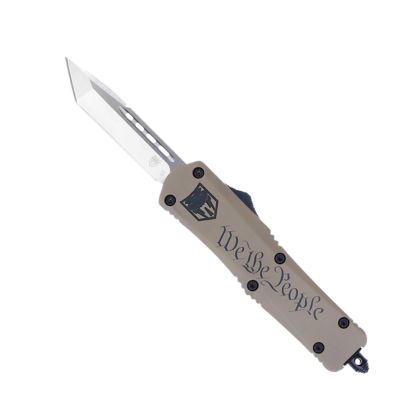 CobraTec Knives 3 in. Medium FS-3 We The People OTF Tanto Knife, Plain D2 Steel Blade, Tan Aluminum Cerakote Handle