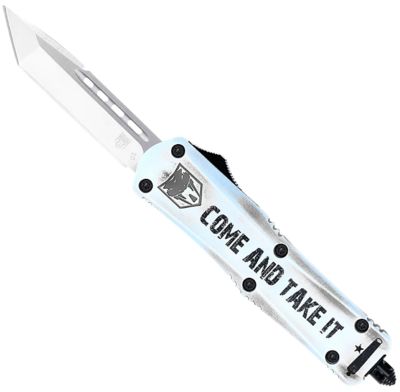 CobraTec Knives 3 in. Small FS-3 Come and Take It OTF Tanto Knife, Plain Satin D2 Steel Blade, White Aluminum Cerakote Handle