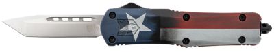 CobraTec Knives 3 in. Medium FS-3 Texas Flag OTF Tanto Knife, Plain Satin D2 Steel Blade, Texas Flag Aluminum Cerakote Handle