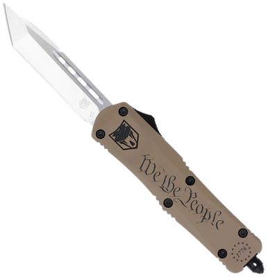 CobraTec Knives 2.75 in. Small FS-3 We The People OTF Tanto Knife, Plain Aluminum Cerakote D2 Steel Blade, Tan Aluminum Handle