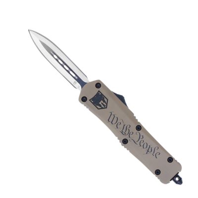 CobraTec Knives 3 in. Medium We The People OTF Dagger with Glass Breaker and Pocket Clip, Plain D2 Steel Blade, Tan Handle
