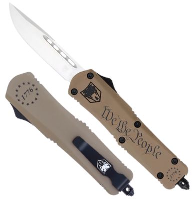 CobraTec Knives 2.75 in. Small FS-3 We The People OTF Drop Point Knife, Aluminum Cerakote D2 Steel Blade, Tan Aluminum Handle