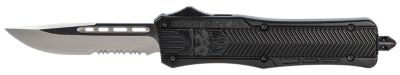 CobraTec Knives 3 in. Medium CTK-1 OTF Drop Point Knife, Part Serrated D2 Steel Blade, Black Aluminum Handle