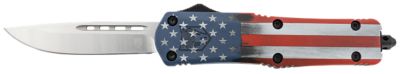 CobraTec Knives 3 in. Medium OTF Drop Point Knife, Plain Satin D2 Steel Blade, US Flag Aluminum Cerakote Handle