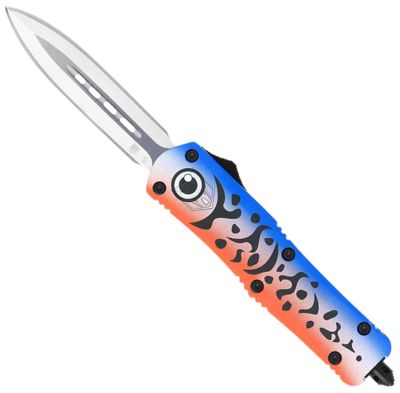CobraTec Knives 3 in. Medium FS-3 Blue Lure OTF Dagger, Plain Satin D2 Steel Blade, Blue Fishing Lure Aluminum Cerakote Handle