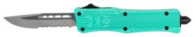 CobraTec Knives 2.75 in. Small CTK-1 OTF Drop Point Knife, Part Serrated D2 Steel Blade, Tiffany Blue Aluminum Handle