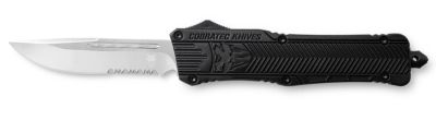 CobraTec Knives 3.75 in. Large CTK-1 OTF Drop Point Knife, Part Serrated D2 Steel Blade, Black Aluminum Handle