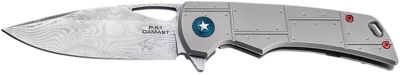 Boker 3.35 in. P-51 Damast Drop Point Folding Knife, Plain Silver Acid Etch Damascus Blade, Titanium Handle
