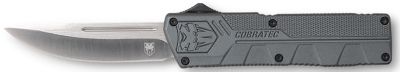 CobraTec Knives 3.25 in. OTF Lightweight Drop Point Knife with Pocket Clip, Plain D2 Steel Blade, Gray Aluminum Handle