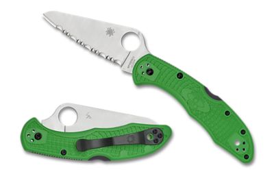 Spyderco 2 3 in. Salt Clip Point Folding Knife, Serrated H1 Steel Blade, Green Bi-Directional Texturing FRN Handle