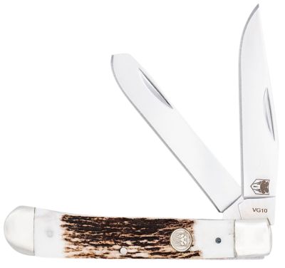 CobraTec Knives 2.88 in. Clip Point/2.94 in. Spey Trapper Folding Knife, Polished VG-10 SS Blades, Stag Bone Scales/SS Handle