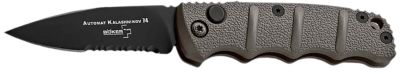 Boker 2.52 in. Kalashnikov Drop Point Folding Knife, Plain/Serrated Black D2 Steel Blade, Gray Aluminum Handle