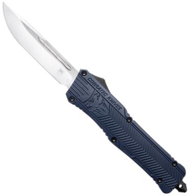 CobraTec Knives 3.75 in. Large CTK-1 OTF Drop Point Knife, Plain D2 Steel Blade, NYPD Blue Aluminum Handle