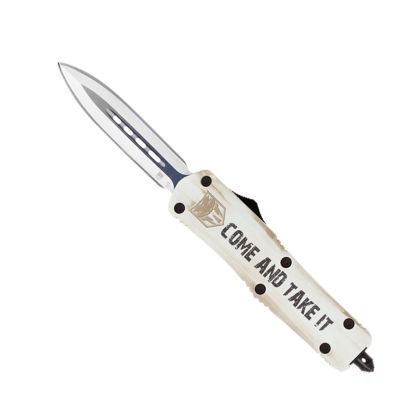 CobraTec Knives 3 in. Medium FS-3 Come and Take It OTF Dagger, Plain D2 Steel Blade, White Aluminum Cerakote Handle