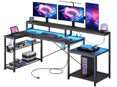 Bestier 71 in. L-Shaped RGB Gaming Desk with Power Outlets, Adjustable Shelves & Carbon Fiber Surface