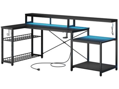 Image showing  71 in. L-Shaped RGB Gaming Desk with Power Outlets, Adjustable Shelves & Carbon Fiber Surface