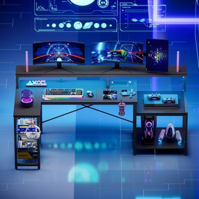 Image showing  71 in. L-Shaped RGB Gaming Desk with Power Outlets, Adjustable Shelves & Carbon Fiber Surface