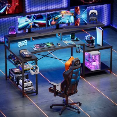 Image showing  71 in. L-Shaped RGB Gaming Desk with Power Outlets, Adjustable Shelves & Carbon Fiber Surface
